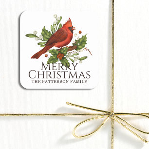 Merry Christmas Red Cardinal Holly Personalised Square Sticker