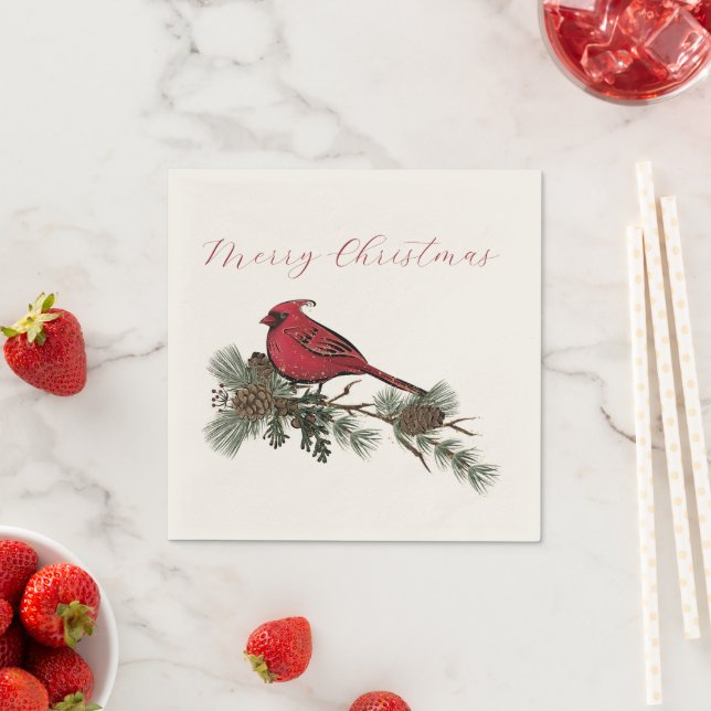 Merry Christmas Red Cardinal On A Branch Napkin (Insitu)