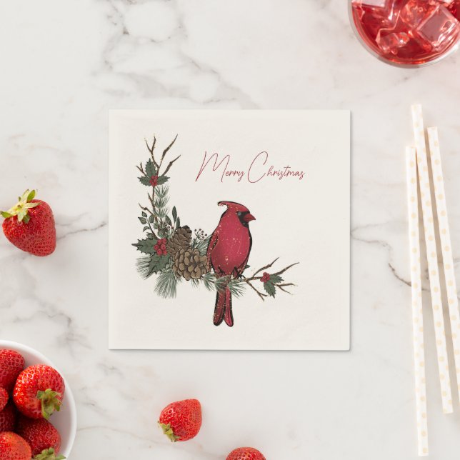Merry Christmas Red Cardinal On A Branch  Napkin (Insitu)