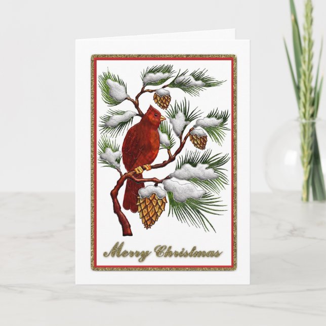 Merry Christmas - Red Cardinal with Pine Cones Holiday Card (Front)