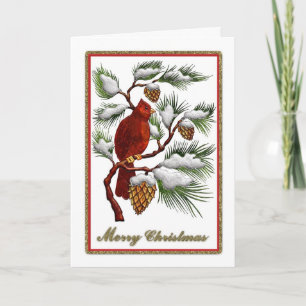 Merry Christmas — Red Cardinal with Pine Cones Holiday Card