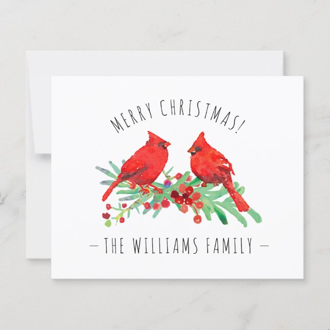 Merry Christmas Red Cardinals Holly Budget Card (Front)