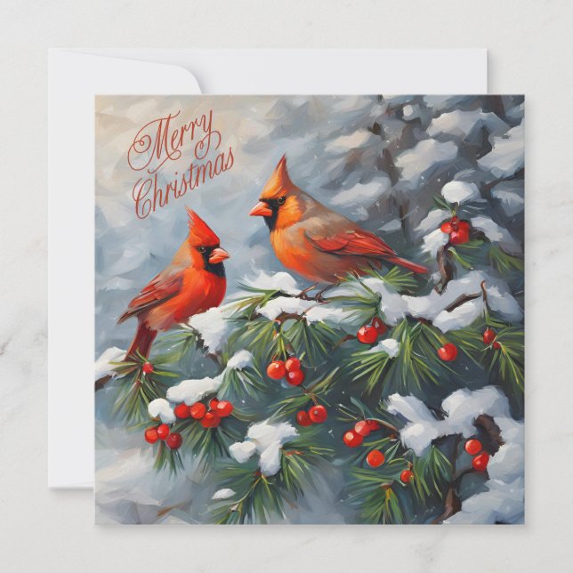 Merry Christmas Red Cardinals with Wild Berries  Holiday Card (Front)