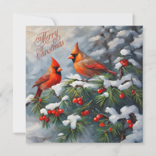Merry Christmas Red Cardinals with Wild Berries Holiday Card