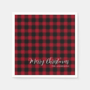 Merry Christmas Red Chequered Plaid Pattern Napkin