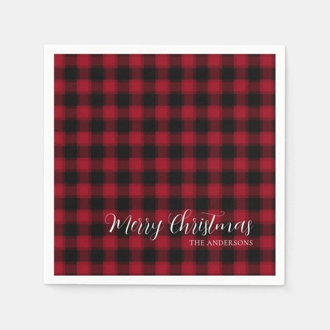 Merry Christmas Red Chequered Plaid Pattern Napkin (Front)