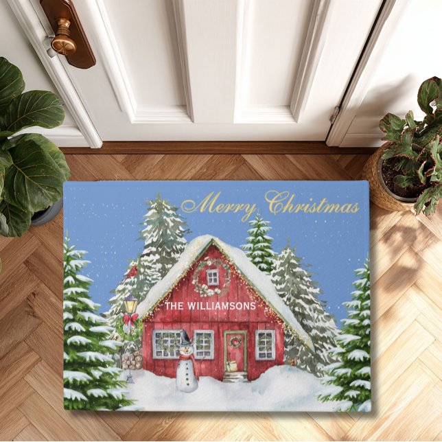 Merry Christmas Red Country House Snow  Doormat (Creator Uploaded)