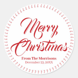 Merry Christmas red custom name candy cane favour Classic Round Sticker
