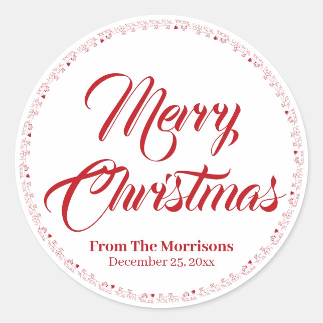 Merry Christmas red custom script Santa Reindeer  Classic Round Sticker (Front)