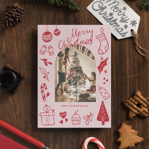 Merry Christmas Red Cute Hand Drawn Doodles Holiday Card