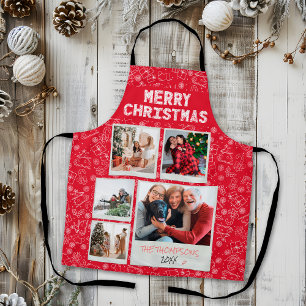 Merry Christmas Red Doodles 5 Photo Family Gift Apron