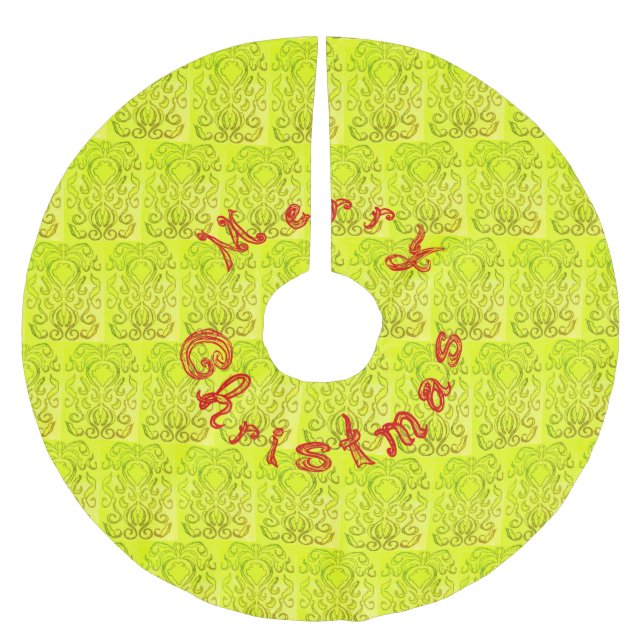 Merry Christmas Red Fabric Font Warm Green Damask Brushed Polyester Tree Skirt (Front)