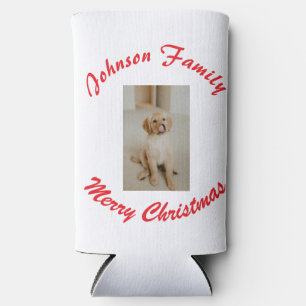 merry christmas red family name pet photo animal m seltzer can cooler