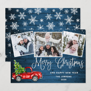 Merry Christmas Red Farm Truck 3 Photo Holiday Card
