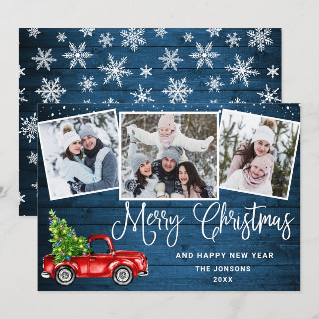 Merry Christmas Red Farm Truck 3 Photo Holiday Card (Front/Back)