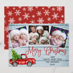 Merry Christmas Red Farm Truck 3 Photo Holiday Card