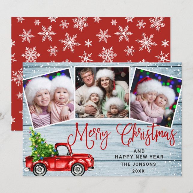 Merry Christmas Red Farm Truck 3 Photo Holiday Card (Front/Back)
