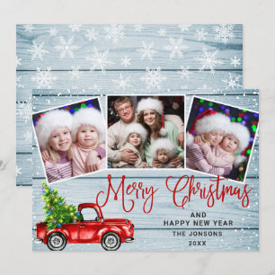 Merry Christmas Red Farm Truck 3 Photo Holiday Card