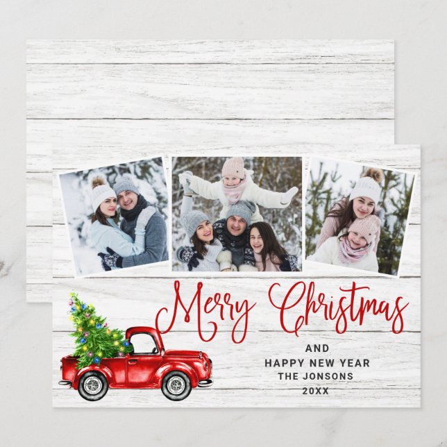 Merry Christmas Red Farm Truck 3 Photo Holiday Card (Front/Back)