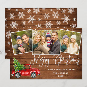 Merry Christmas Red Farm Truck 3 Photo Holiday Card
