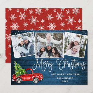 Merry Christmas Red Farm Truck 3 Photo Holiday Card