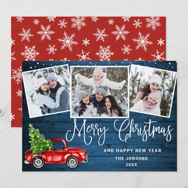 Merry Christmas Red Farm Truck 3 Photo Holiday Card (Front/Back)