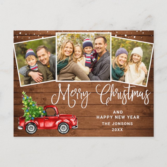 Merry Christmas Red Farm Truck 3 Photo Postcard (Front)