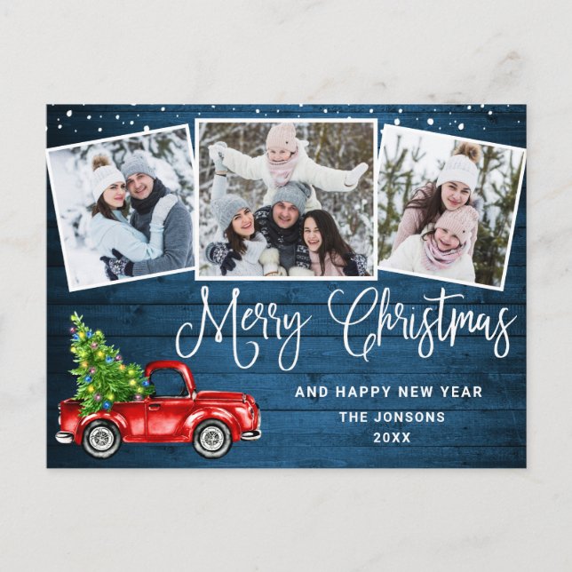 Merry Christmas Red Farm Truck 3 Photo Postcard (Front)