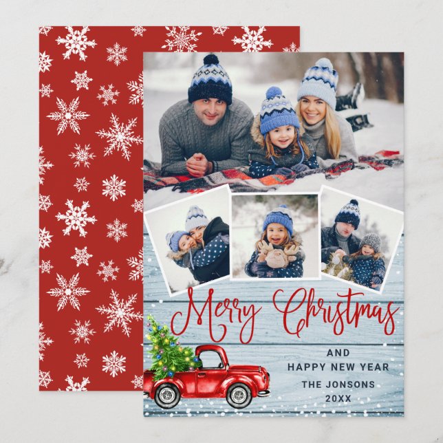 Merry Christmas Red Farm Truck 4 Photo Holiday Card (Front/Back)