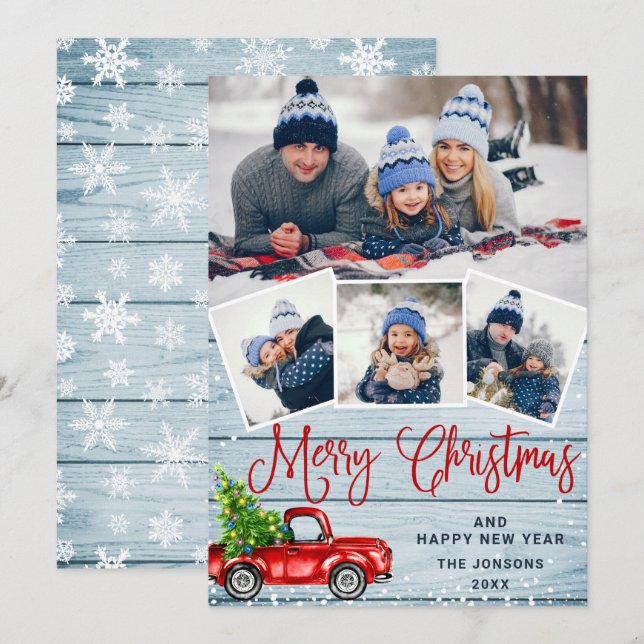 Merry Christmas Red Farm Truck 4 Photo Holiday Card (Front/Back)