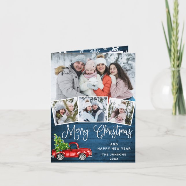 Merry Christmas Red Farm Truck 4 Photo Holiday Card (Front)