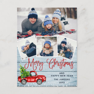 Merry Christmas Red Farm Truck 4 Photo Postcard