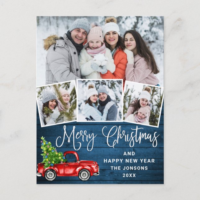 Merry Christmas Red Farm Truck 4 Photo Postcard (Front)