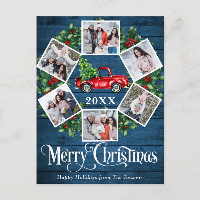 Merry Christmas Red Farm Truck 6 Photo Postcard (Front)