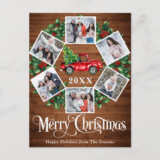 Merry Christmas Red Farm Truck 6 Photo Postcard (Front)