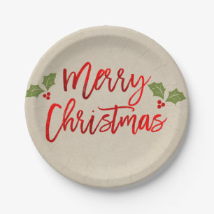 Merry Christmas Red Faux Foil Modern Script Kraft Paper Plate