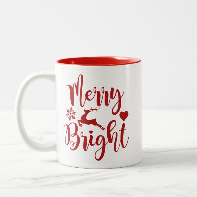 Merry Christmas Red Floral Holiday  Two-Tone Coffee Mug (Left)