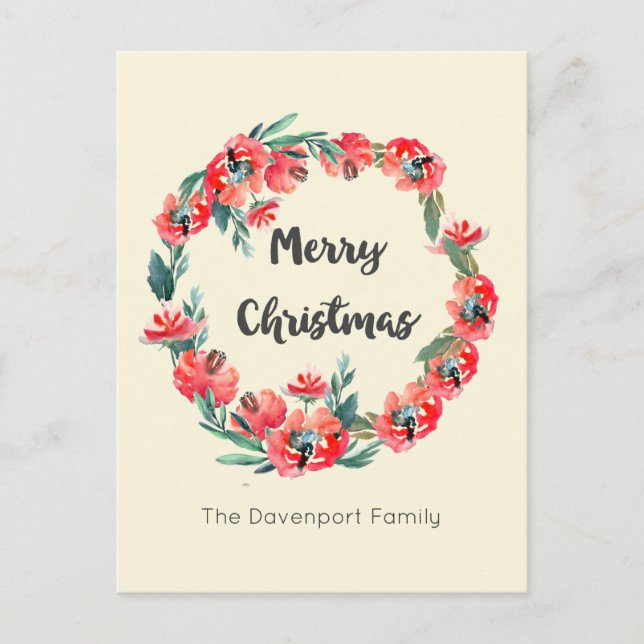 Merry Christmas Red Floral Holiday Wreath Custom Postcard (Front)