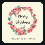 Merry Christmas Red Floral Holiday Wreath Custom Square Sticker<br><div class="desc">A sticker with a pretty christmas wreath created with watercolors. Red flowers and green leaves in a circular shape with Merry Christmas written inside,  written in a trendy modern handwritten font. Set on a cream coloured background. Personalise with a name.</div>