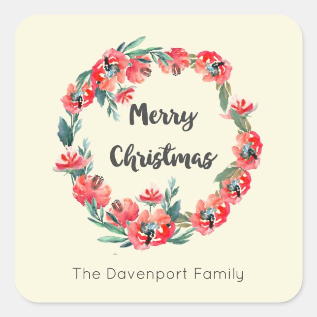Merry Christmas Red Floral Holiday Wreath Custom Square Sticker (Front)