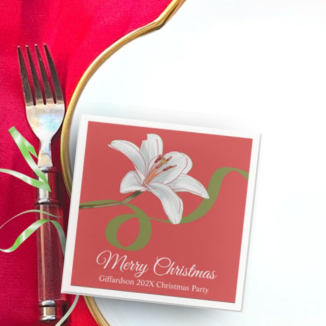 Merry Christmas Red Floral Name Cocktail Napkin (Merry Christmas personalized name red white flower floral elegant cocktail drink party napkin)