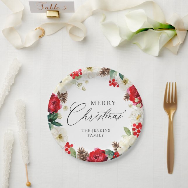 Merry Christmas Red Floral Personalised Paper Plate (Wedding)