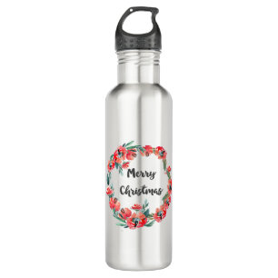 Merry Christmas Red Floral Watercolor Wreath 710 Ml Water Bottle