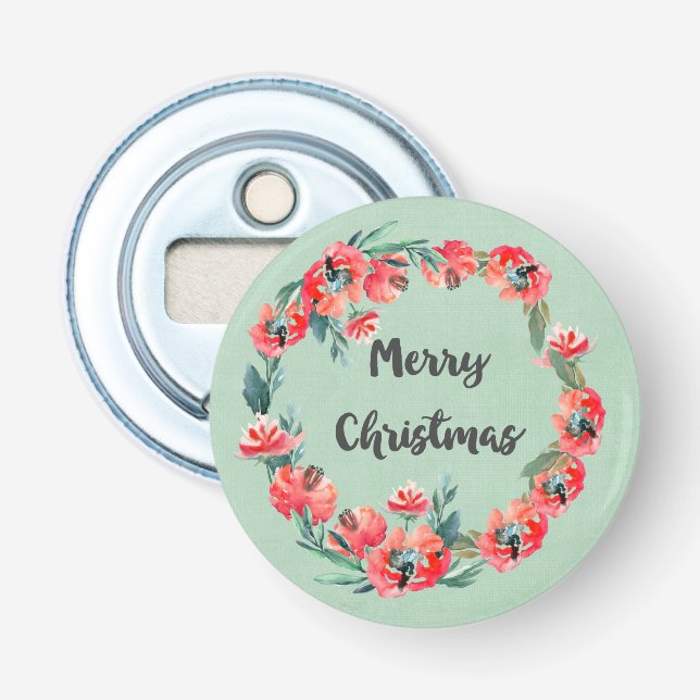 Merry Christmas Red Floral Watercolor Wreath Bottle Opener (Front)
