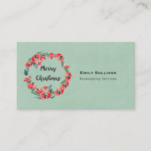 Merry Christmas Red Floral Watercolor Wreath Business Card