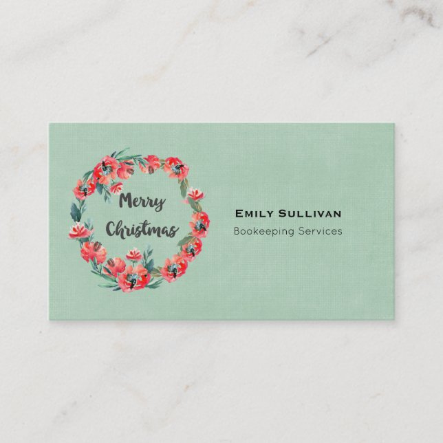 Merry Christmas Red Floral Watercolor Wreath Business Card (Front)