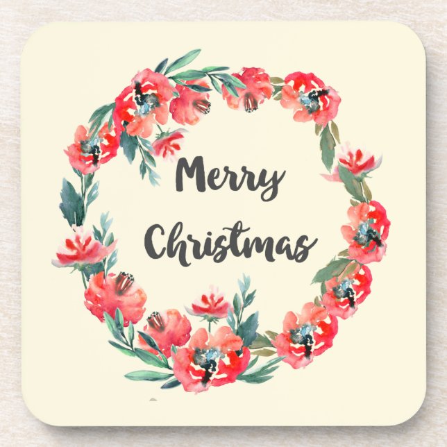 Merry Christmas Red Floral Watercolor Wreath Coaster (Front)