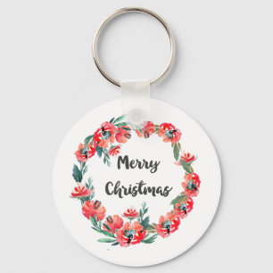 Merry Christmas Red Floral Watercolor Wreath Key Ring