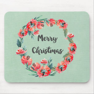 Merry Christmas Red Floral Watercolor Wreath Mouse Mat