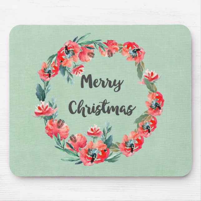 Merry Christmas Red Floral Watercolor Wreath Mouse Mat (Front)